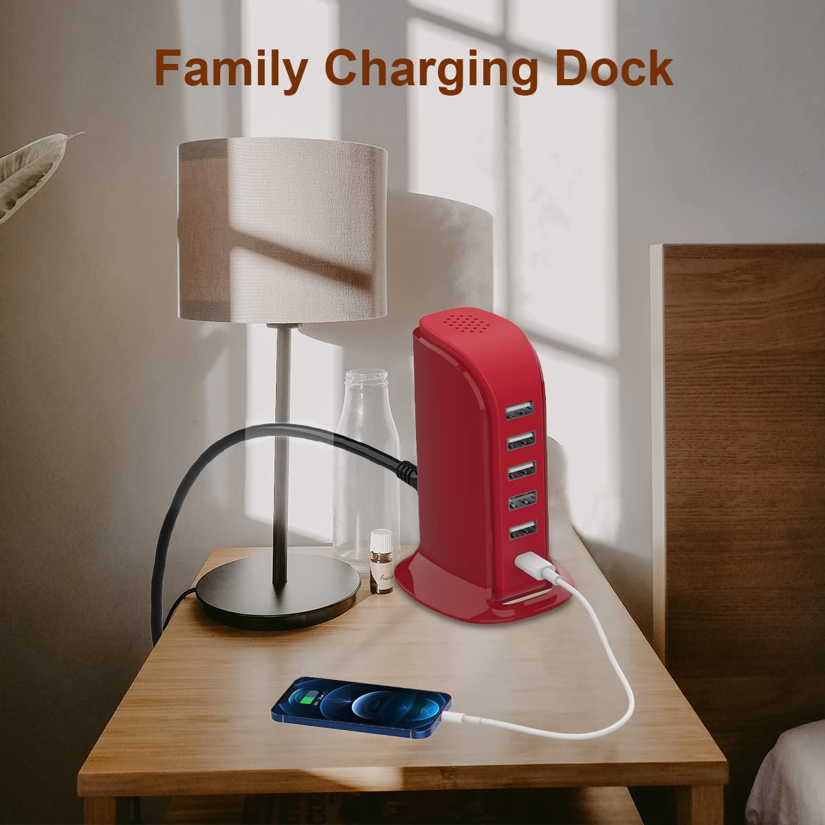 Charging Station for Multiple Devices 40W Upoy, Wall Charger Block 5 USB Ports(Shared 6A), USB Charging Hub Smart IC, Charger Tower with Type-C 3A for iPhone iPad Tablets Smartphones, Home Office Use