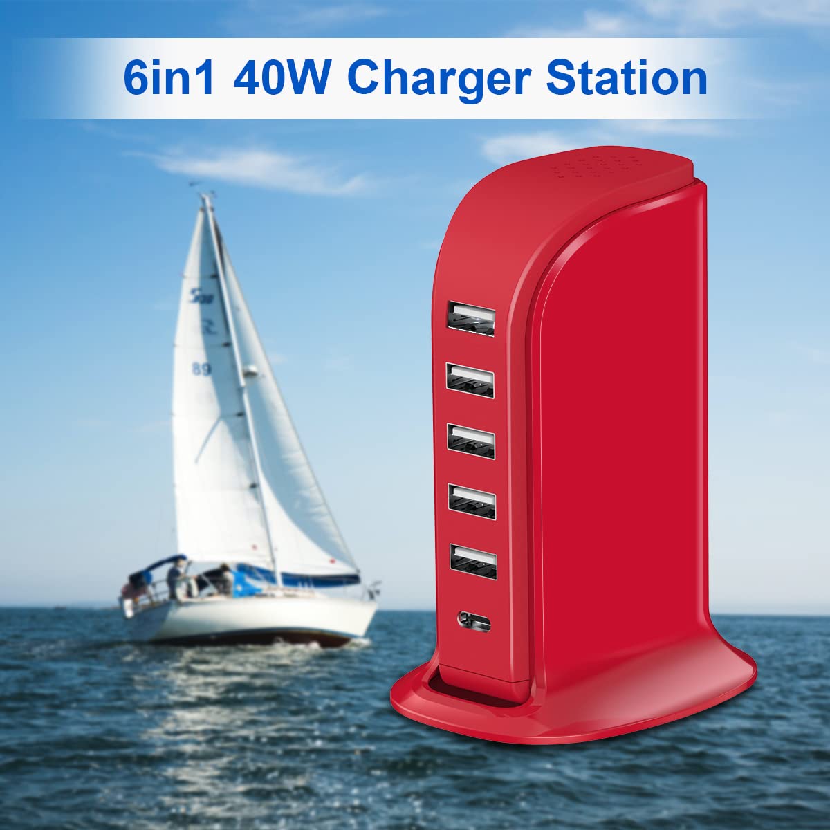 Charging Station for Multiple Devices 40W Upoy, Wall Charger Block 5 USB Ports(Shared 6A), USB Charging Hub Smart IC, Charger Tower with Type-C 3A for iPhone iPad Tablets Smartphones, Home Office Use
