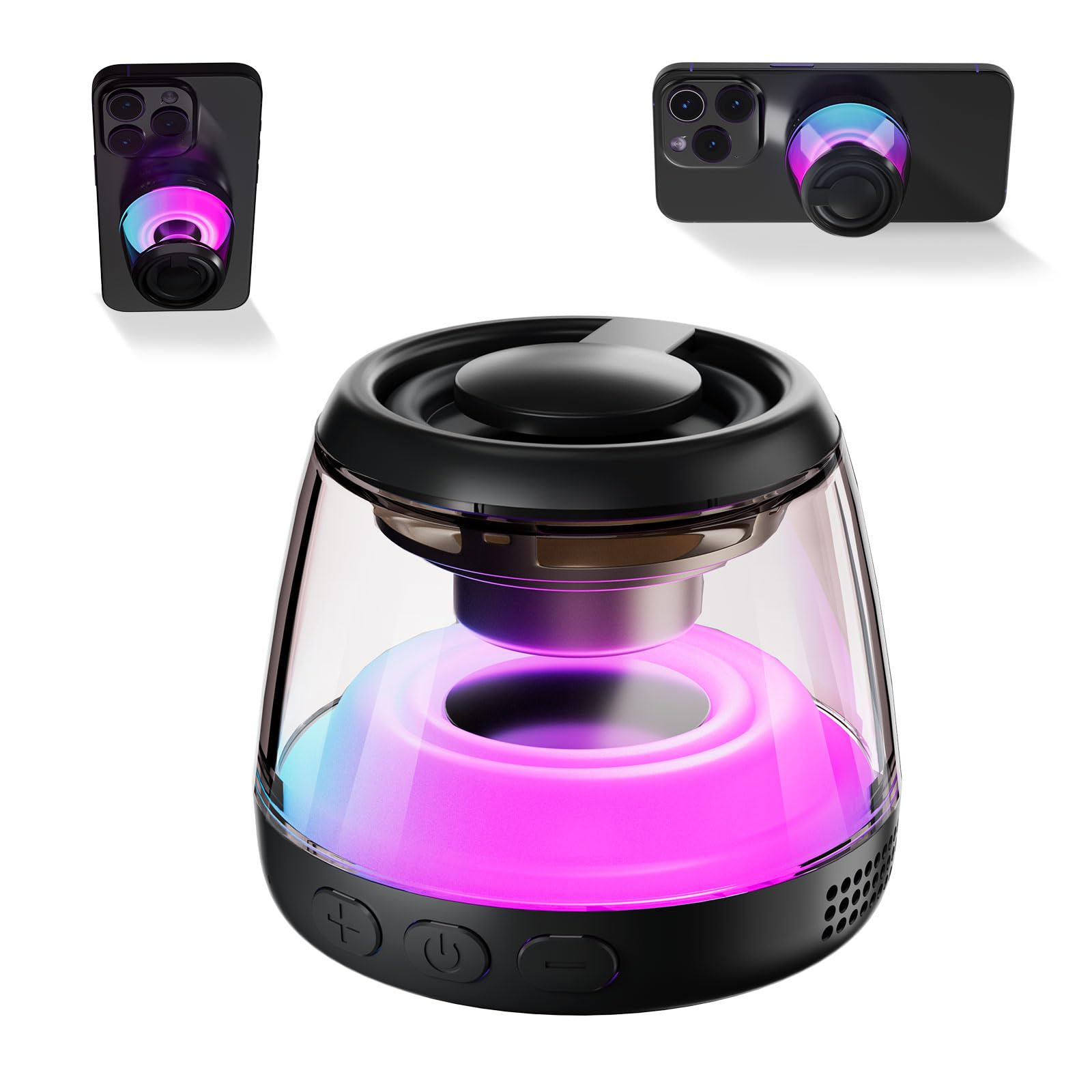 Magnetic Bluetooth Speaker,Wireless Induction Bluetooth Speaker,Mini Portable Cell Phone Stand for iPhone, Lanyard & RGB Night Light,or Home,Outdoors,Pool,Birthday Gift (Black-1PCS)