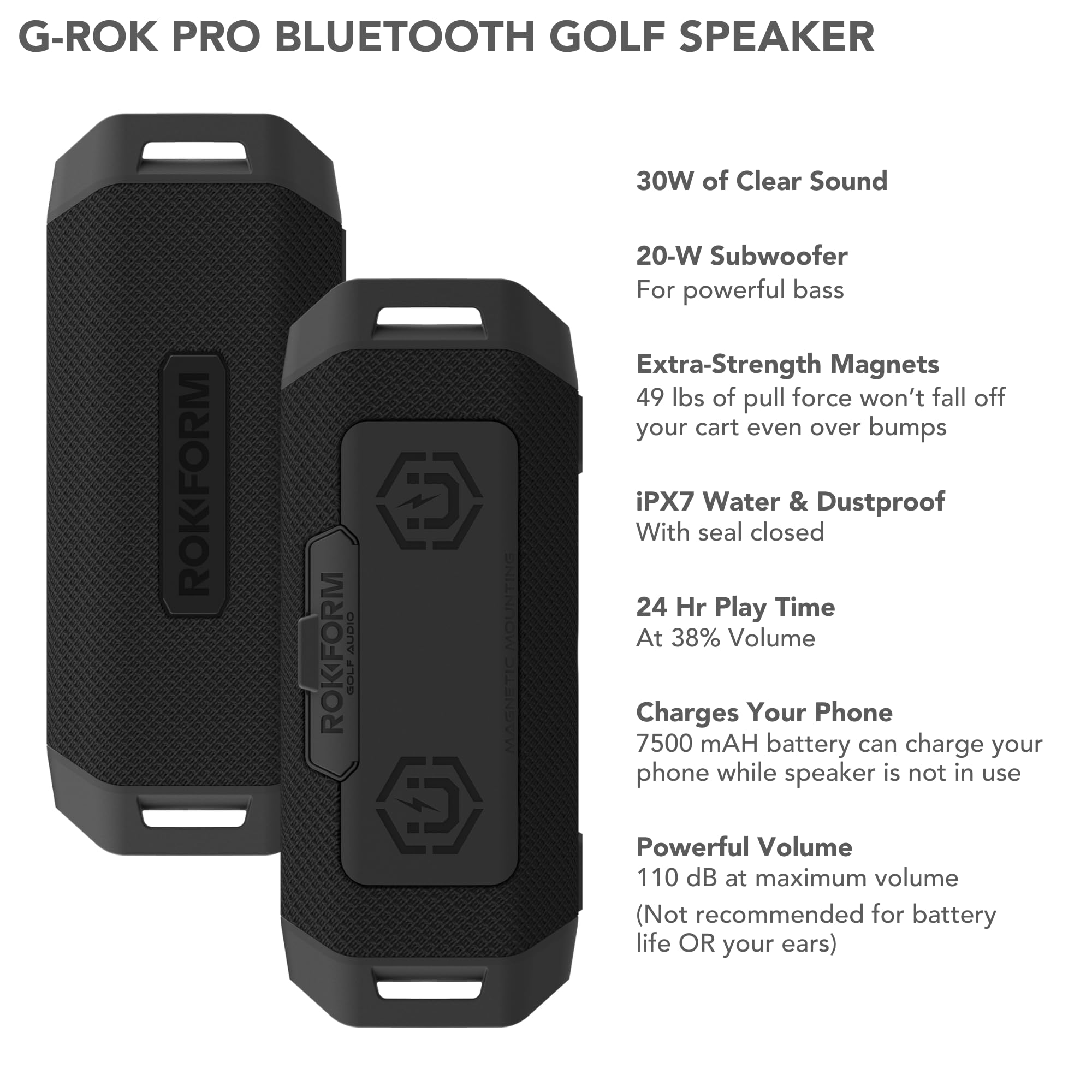 Rokform G-ROK Wireless Golf Speaker, Portable Magnetic, IPX7 Waterproof, Shockproof & Dustproof, Loud & Clear Sound, 24 Hour Battery, Rugged Outdoor Golf Cart Speaker (Black) ASIN