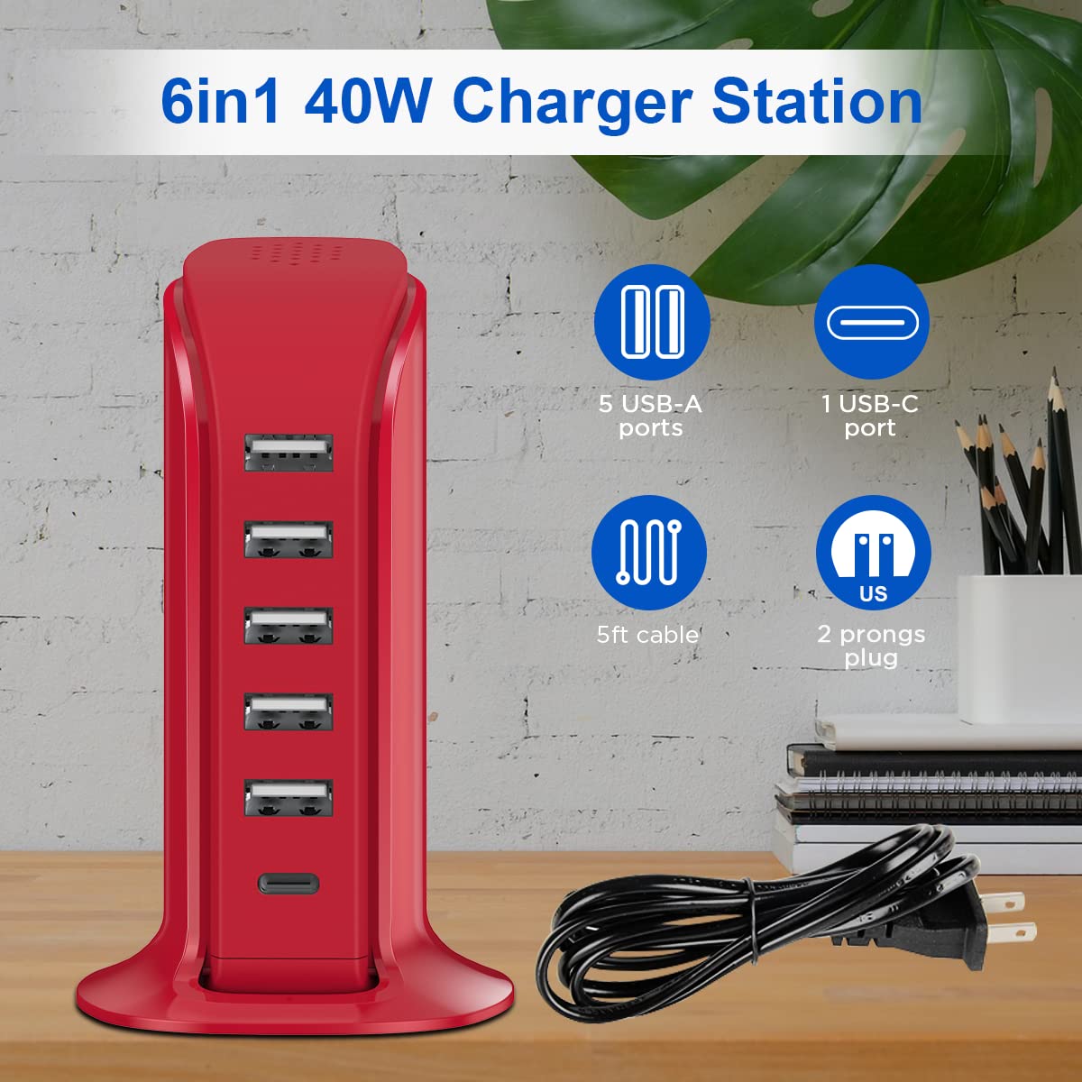 Charging Station for Multiple Devices 40W Upoy, Wall Charger Block 5 USB Ports(Shared 6A), USB Charging Hub Smart IC, Charger Tower with Type-C 3A for iPhone iPad Tablets Smartphones, Home Office Use