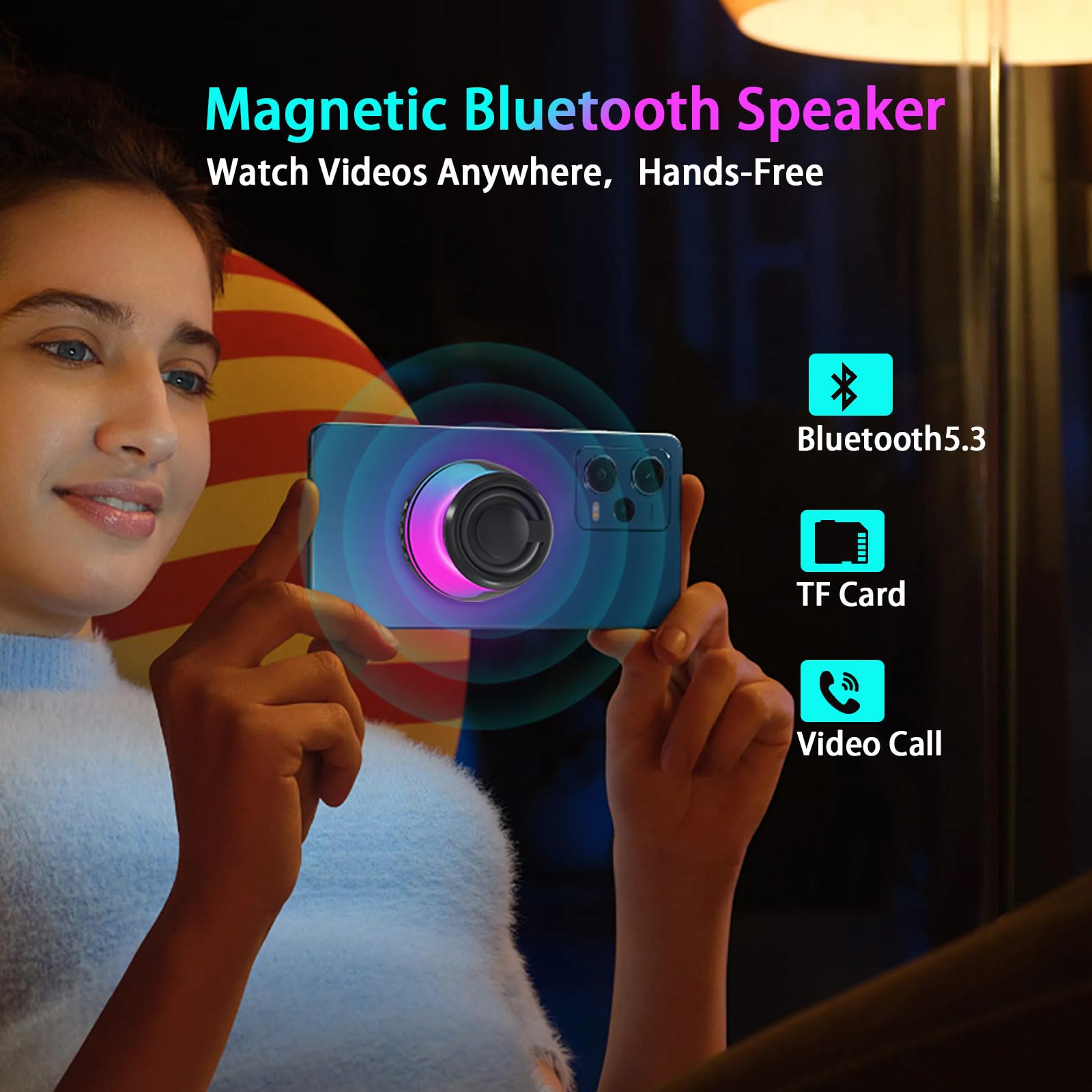 Magnetic Bluetooth Speaker,Wireless Induction Bluetooth Speaker,Mini Portable Cell Phone Stand for iPhone, Lanyard & RGB Night Light,or Home,Outdoors,Pool,Birthday Gift (Black-1PCS)