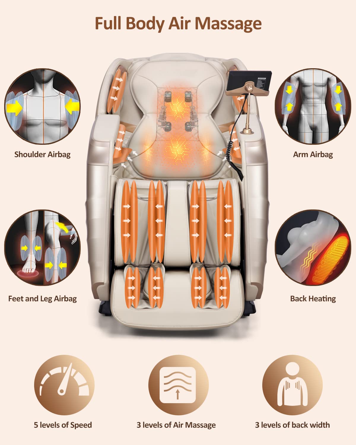 RELX 2025 Massage Chair Full Body, 15 Modes Zero Gravity SL-Track Shiatsu Massage Chair Built-in Heat System, Airbag Massage with Body Scan, Deep Yoga Stretch, Calfrest Extension and AI Control(Cream)