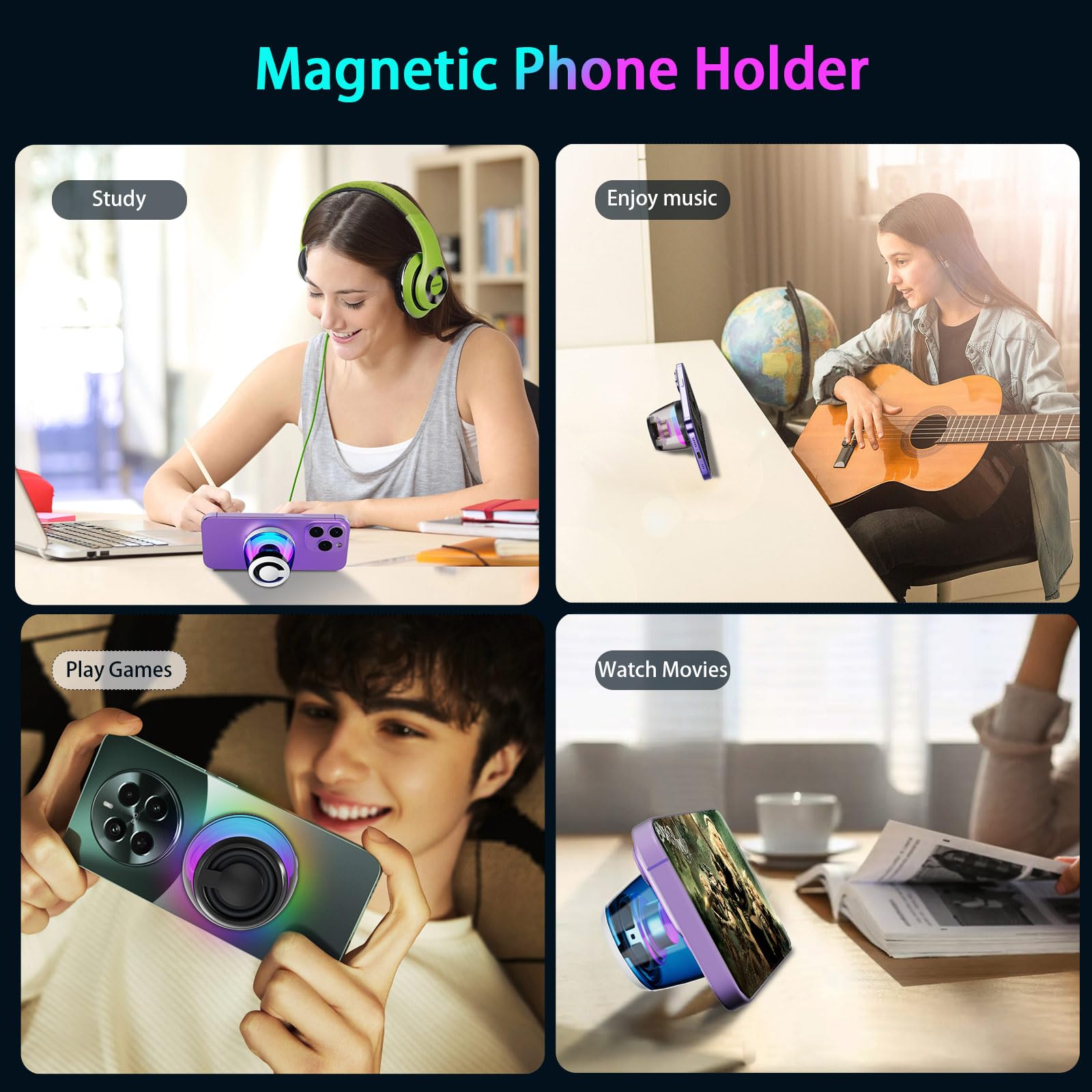 Magnetic Bluetooth Speaker,Wireless Induction Bluetooth Speaker,Mini Portable Cell Phone Stand for iPhone, Lanyard & RGB Night Light,or Home,Outdoors,Pool,Birthday Gift (Black-1PCS)