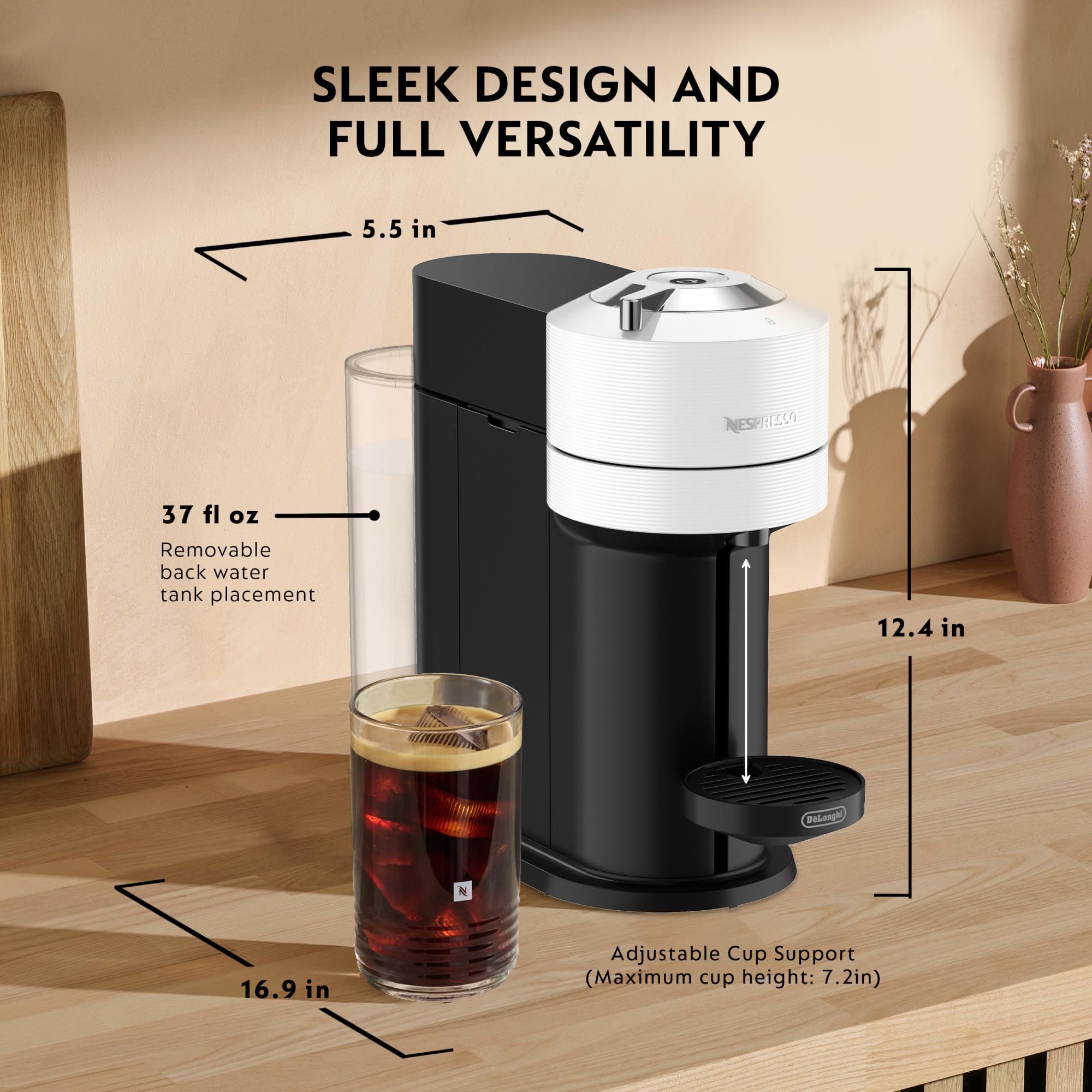 Nespresso Vertuo Next Deluxe Coffee and Espresso Machine by De'Longhi, Chrome