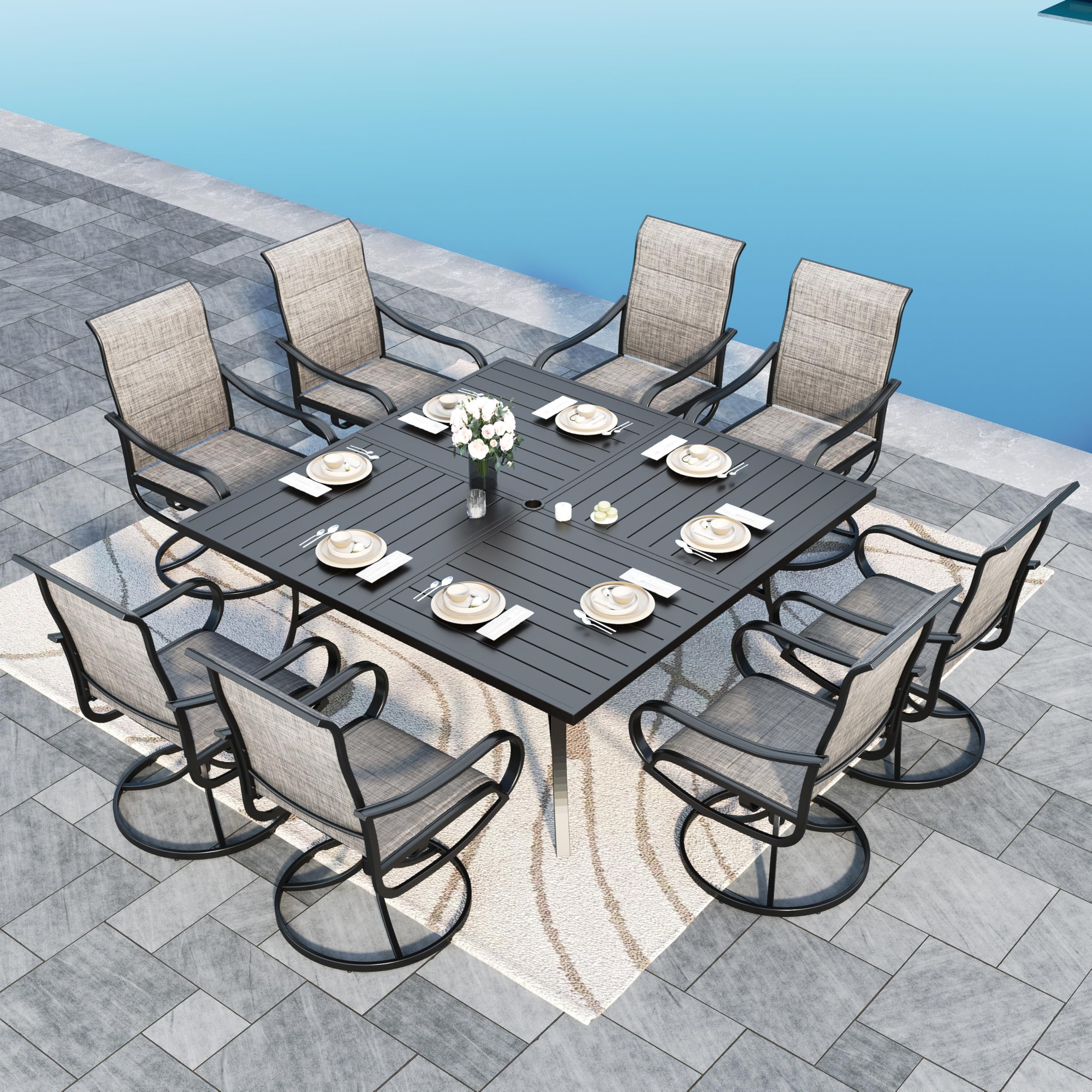 Sophia & William Patio Dining Set 9 Pieces Outdoor Metal Furniture Set, 8 x Patio Dining Swivel Chairs Padded with 1 Expandable 6-8 Person Table for Lawn Garden