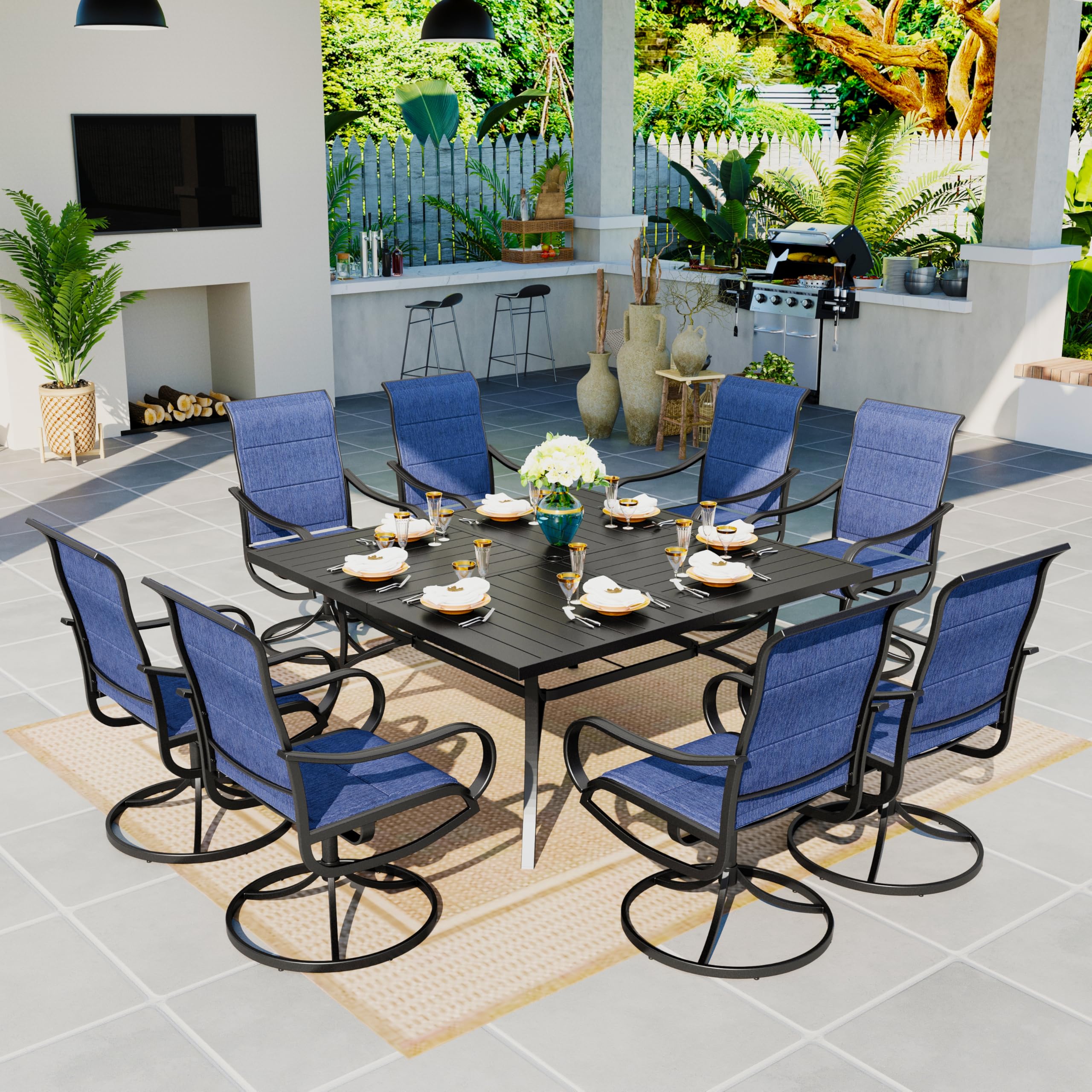 Sophia & William Patio Dining Set 9 Pieces Outdoor Metal Furniture Set, 8 x Patio Dining Swivel Chairs Padded with 1 Expandable 6-8 Person Table for Lawn Garden
