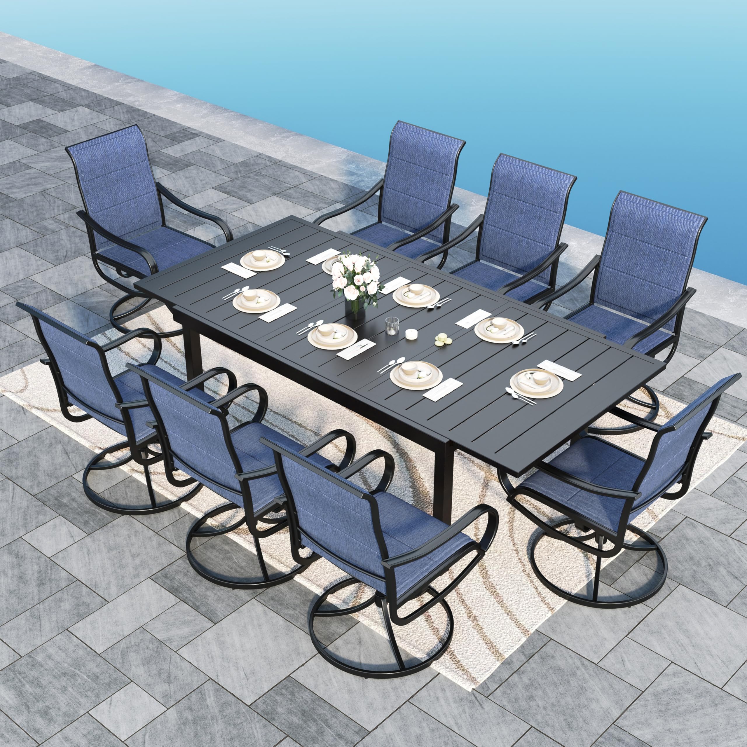 Sophia & William Patio Dining Set 9 Pieces Outdoor Metal Furniture Set, 8 x Patio Dining Swivel Chairs Padded with 1 Expandable 6-8 Person Table for Lawn Garden