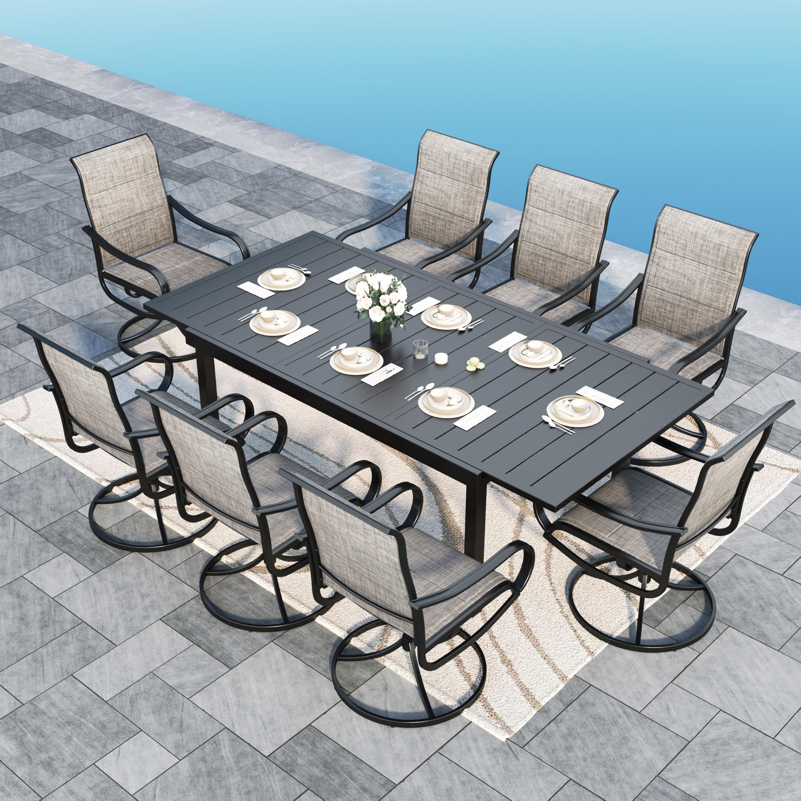 Sophia & William Patio Dining Set 9 Pieces Outdoor Metal Furniture Set, 8 x Patio Dining Swivel Chairs Padded with 1 Expandable 6-8 Person Table for Lawn Garden